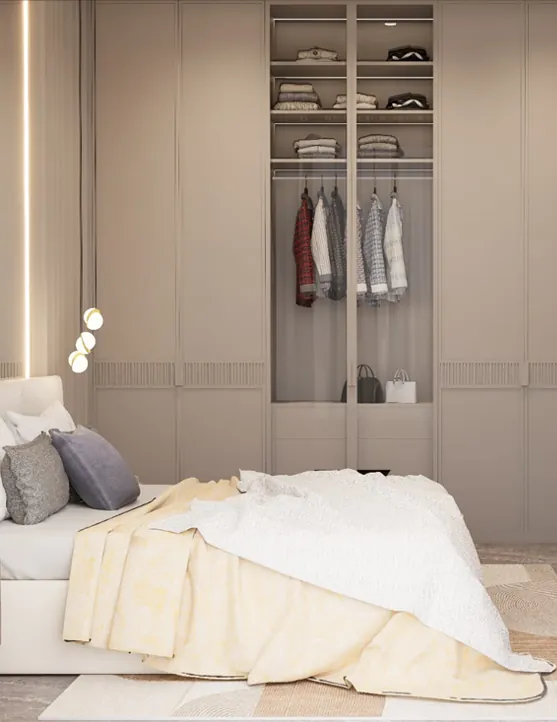 Bedroom with open wardrobe, pendant lights and warm neutral finishes