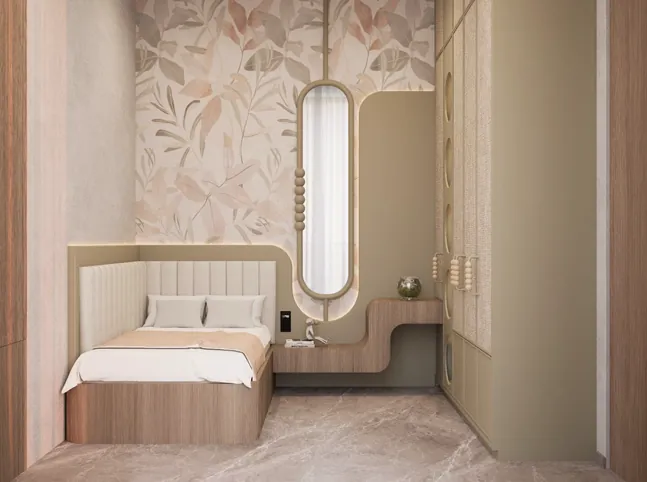 Compact bedroom with floral wallpaper, upholstered headboard and integrated wardrobe